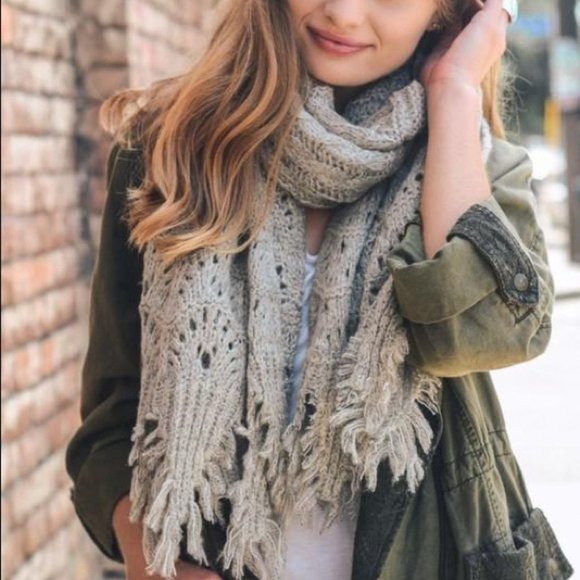 Infinity Raine Accessories - LAST ONE! FEATHER KNIT BOHO SCARF-OATMEAL